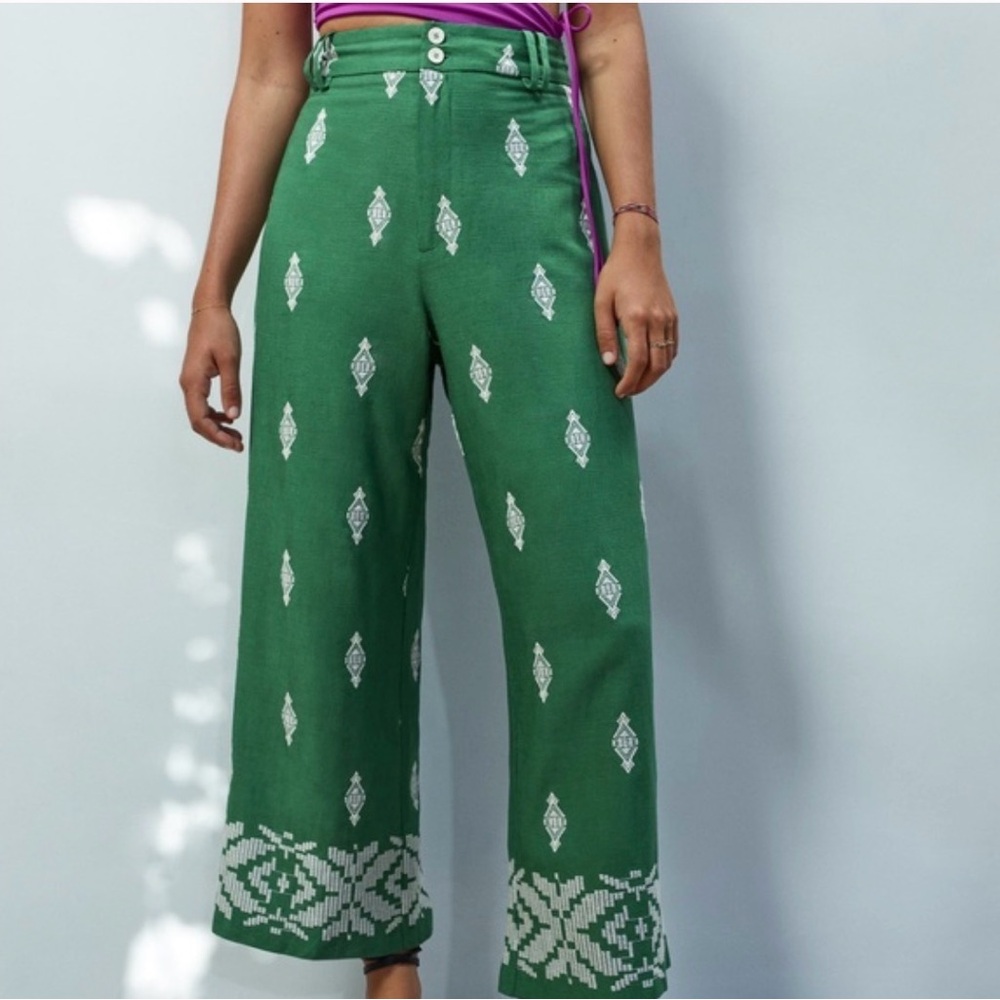 Zara Green Wide-Leg embroidered linen blend Cropped Pants Medium Women’s